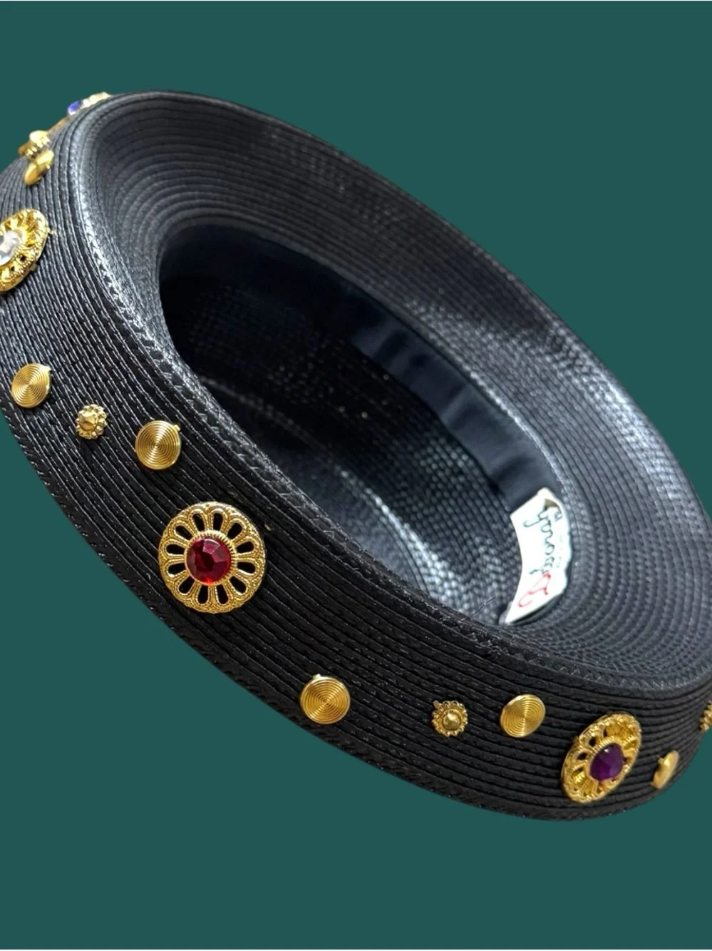 Vintage black Embellished Straw Wide-Brim Hat with Gold Accents